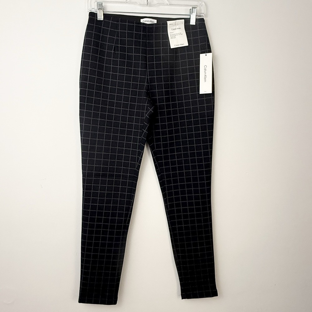 CALVIN KLEIN New Checked Black Esy Knit PANTS 4 NWT Slim Tapered Ankle Stretch